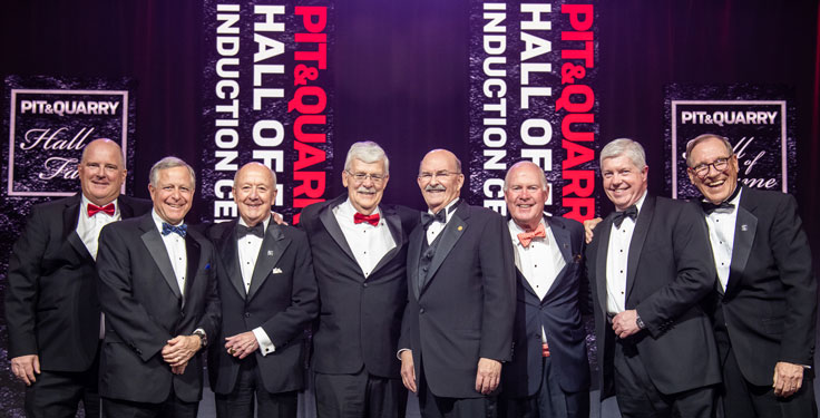 Past Pit & Quarry Hall of Fame inductees pose together. From left: Chris Nawalaniec, George Sidney, EJ Burke, Kim Snyder, Paul Mellott Jr., John Baker, Ward Nye and Dave Thomey.